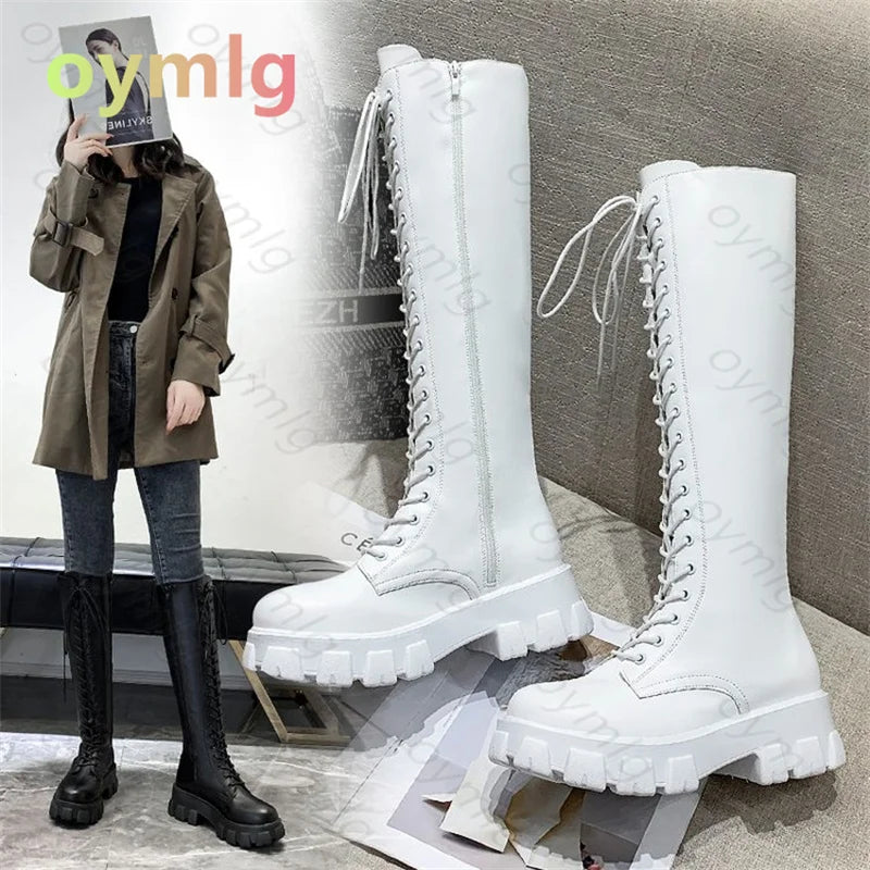 Winter Long Boot Shoes Women White Lace Up Zip Height Increasing Pu Leather Shoes Plush Botas Mujer  winter boots