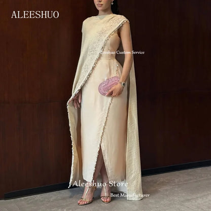 Modern Ivory Sheath O-Neck Long Evening Dresses Simple One Shoulder Pleat Appliques Sexy Side Slit Ankle Length Gowns Customized
