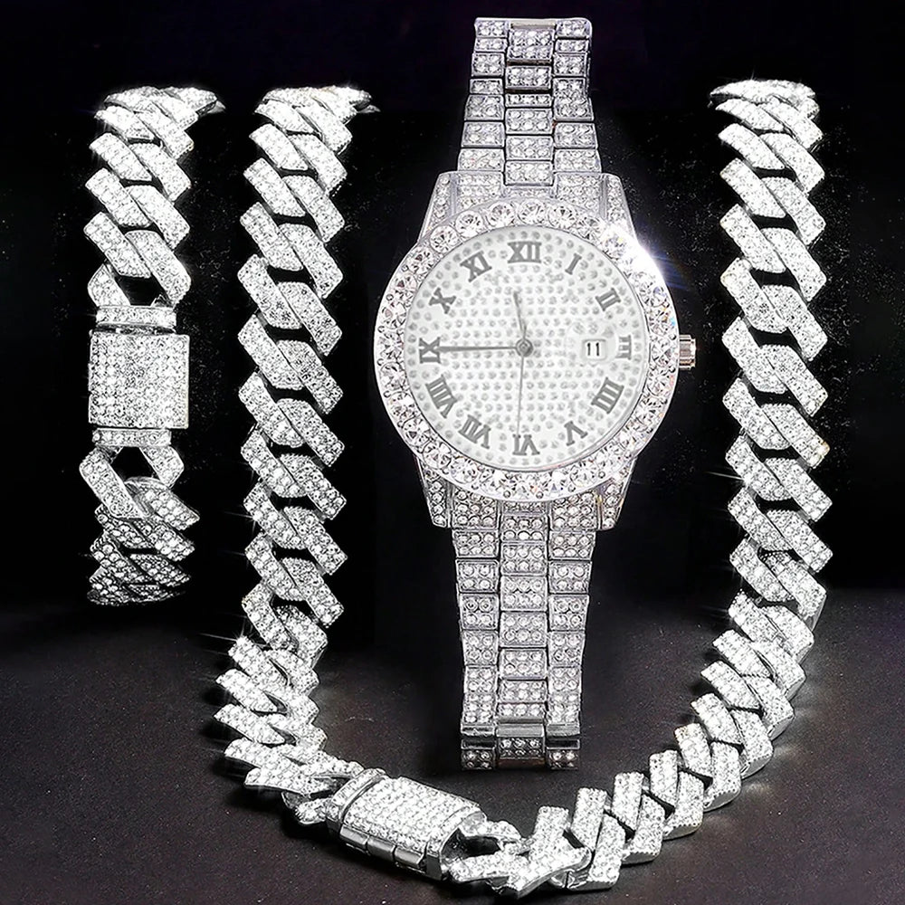 3pcs Men's Silver Watch Set Hip-hop Punk Inlay Diamond Watch+Cuban Chain+Bracelet Comes With Strap Adjuster Stylish Jewelry Gift