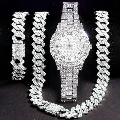 3pcs Men's Silver Watch Set Hip-hop Punk Inlay Diamond Watch+Cuban Chain+Bracelet Comes With Strap Adjuster Stylish Jewelry Gift