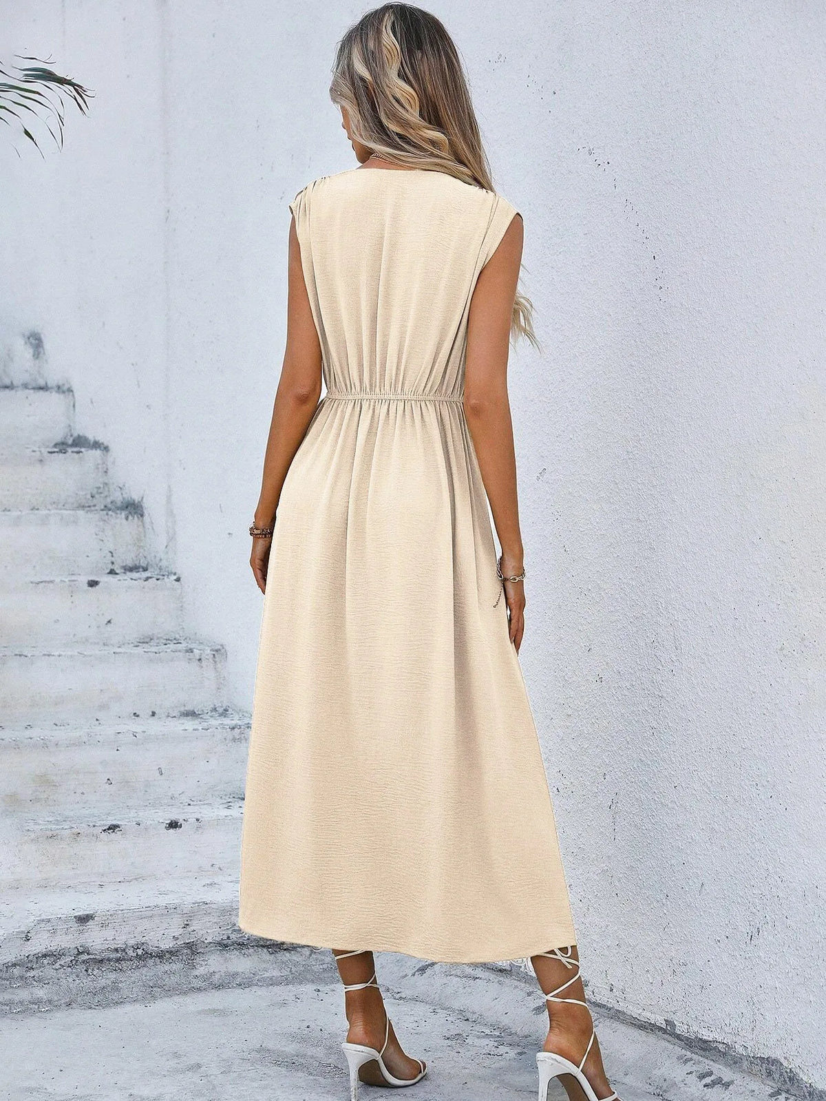 Women's Solid Color A-Line Dress Sleeveless Front Thin Straps Elegant Belted Midi Dress for Summer