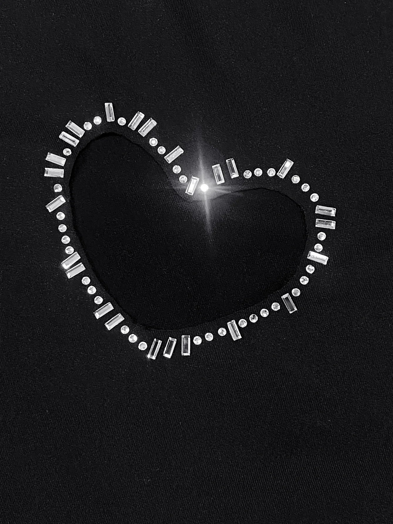 LW Crop Top Rhinestone Heart Decor Pant Set Women Spring Summer Short Sleeve T-shirt & Skinny Leggings Suit Two Pieces Outfit