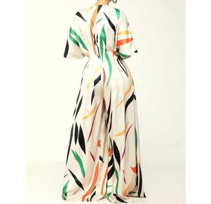 Jumpsuit for Women Fashion  Spring New Print Half Sleeve V-Neck Wide Leg Loose Casual Temperament Jumpsuits Casual Overalls
