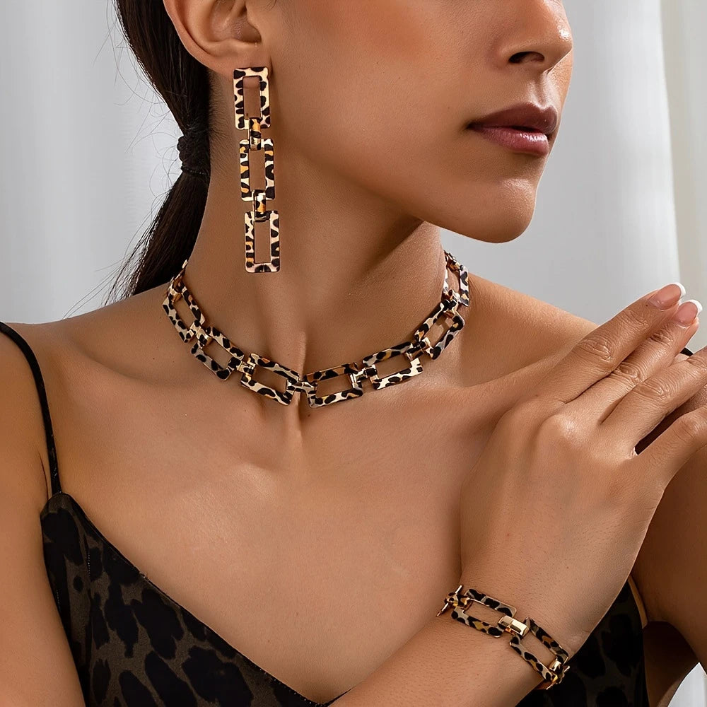 3/4PCS Stainless Steel Fashion Gold Color Geometric Chain Hollow Necklace Bracelets For Women Girl New Fashion Non-fading Set