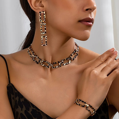 3/4PCS Stainless Steel Fashion Gold Color Geometric Chain Hollow Necklace Bracelets For Women Girl New Fashion Non-fading Set