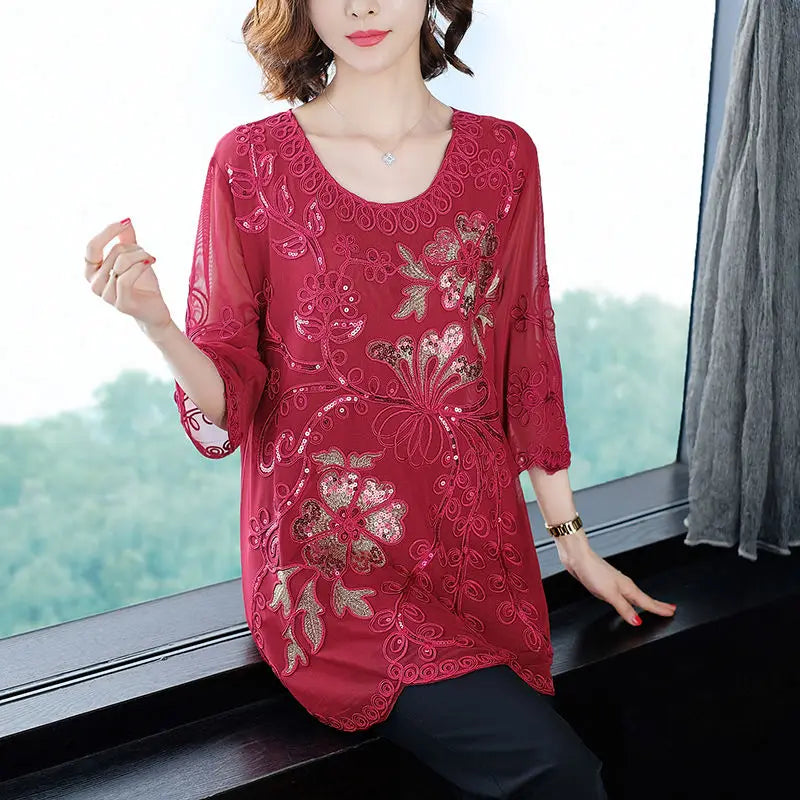 Vintage Floral Embroidery Applique Blouse Casual Loose Spring Summer 3/4 Sleeve Women's Clothing Stylish Sequined O-Neck Shirt