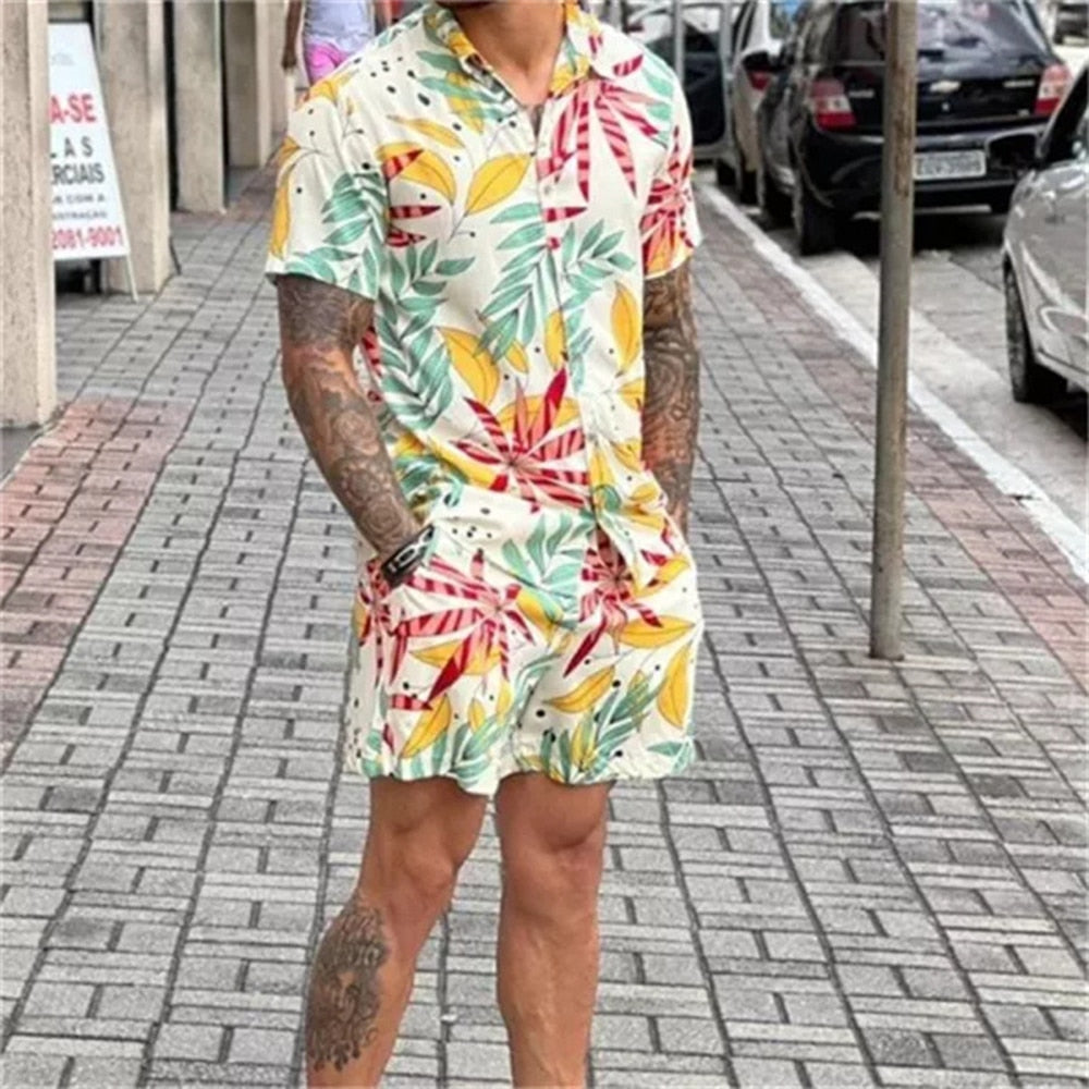 Printed Baggy Shirt Shorts Suits Men 2023 Summer Y2k Short Sleeve Lapel Shirts Top Casual Short Pants Vacation Two Piece Sets