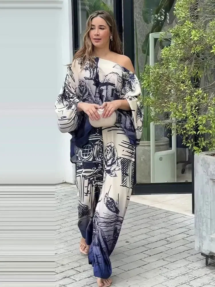Elegant Adjustable Waist Long Sleeve Print Sets Women Loose Diagonal Collar Tops Pants Suit 2023 Lady Chic High Street Outfit