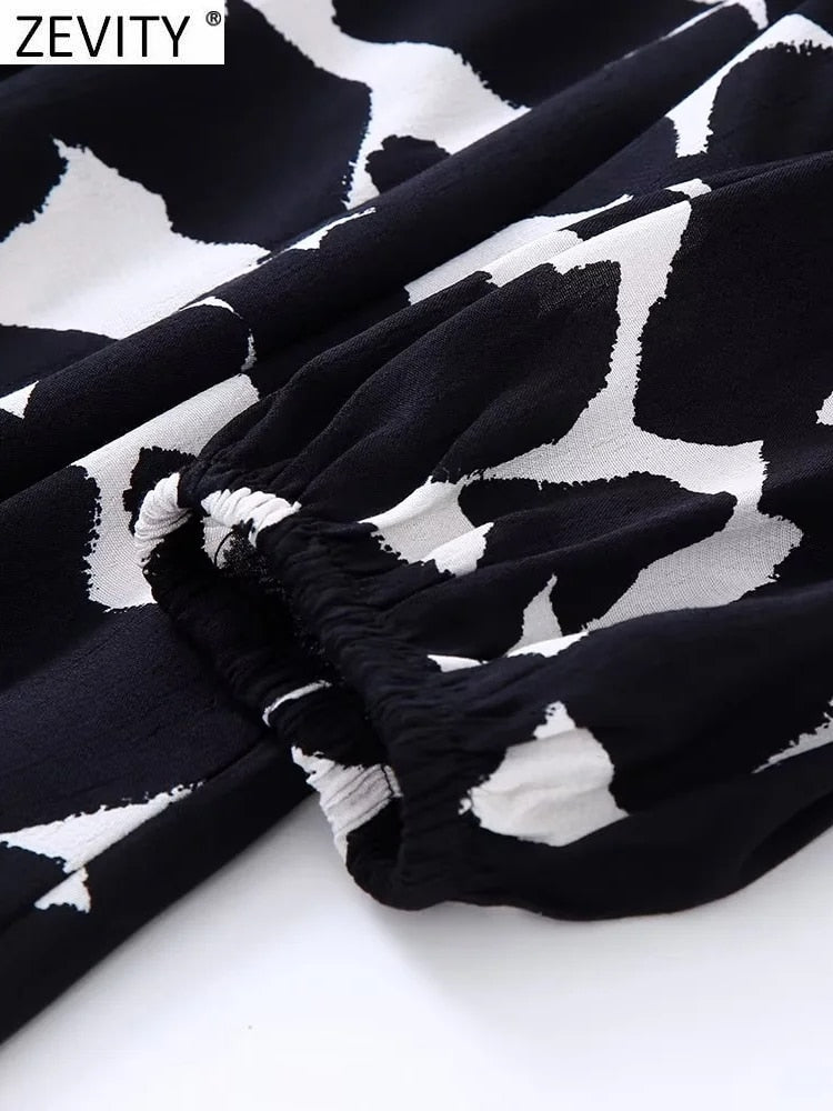 Zevity New Women Vintage Graffiti Print Casual Slim Sashes Midi Shirt Dress Female Chic Long Sleeve Business Vestidos DS2061