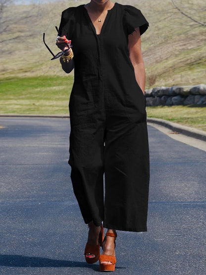Summer Clothes  Trend Woman Short Sleeves Loose Cargo Jumpsuit Solid Color Cotton Jumpsuit Mid Waist Wide Leg Jumpsuit
