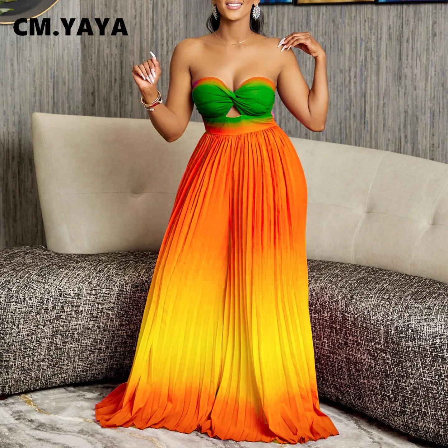 CM.YAYA Women Gradient Sleeveless Pleated Strapless Wide Leg Long Jumpsuits 2024 Summer Beach Fashion Street Sexy Outfit Rompers