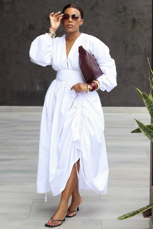 Women's Plus Size Midi Dress V Neck Puff Sleeve High Waist Ruched Side Slit Elegant Casual Party Vacation Maxi Shirt Dress