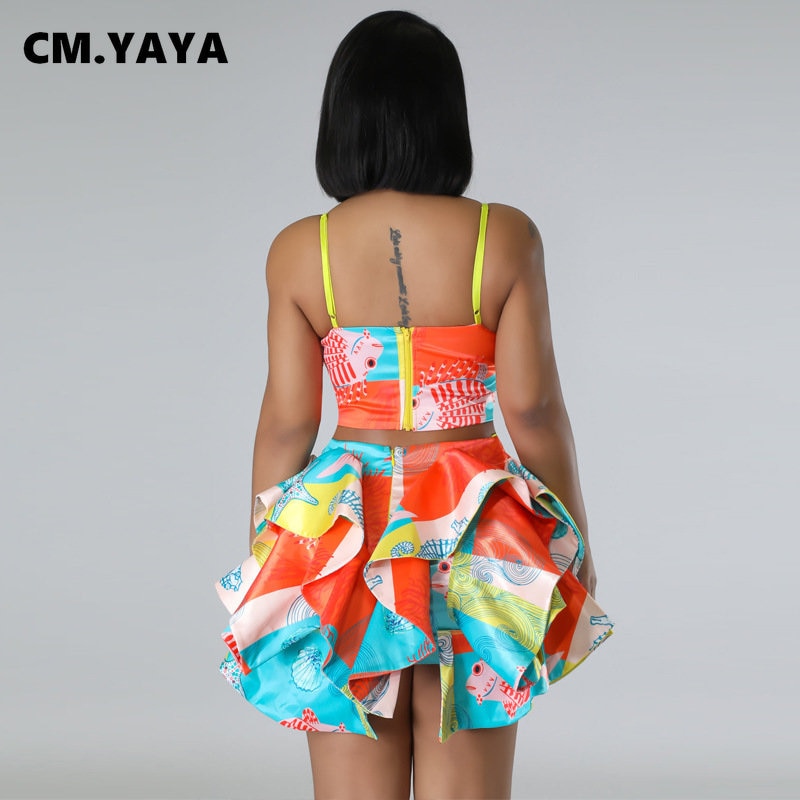 CM.YAYA Women&#39;s Set Sequined Crop Top and Starfish Cascading Ruffles Skirt Shorts 2023 Beach Outfit Two 2 Piece Set Tracksuit