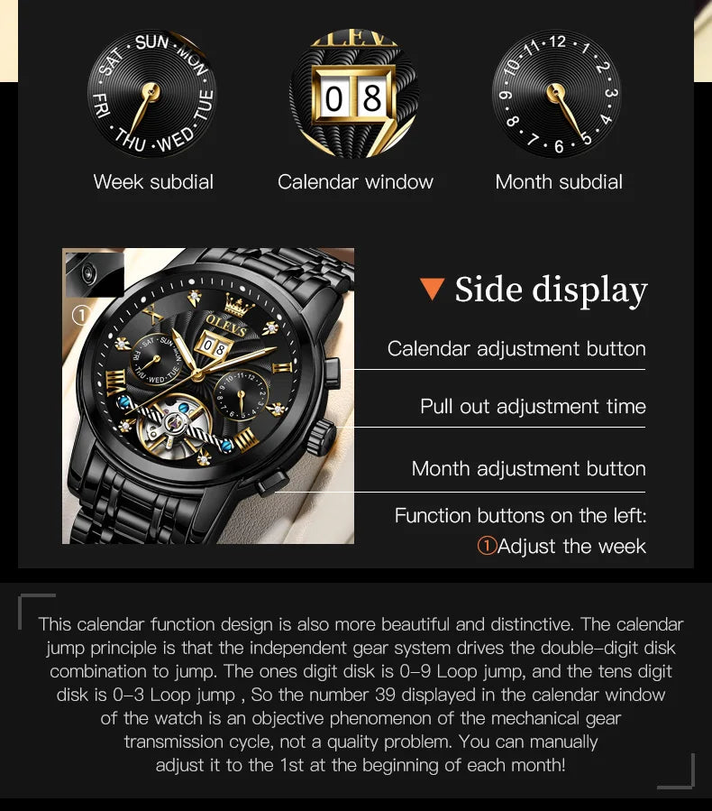 OLEVS Klassische Herrenuhren Tourbillon Multifunktions-Vollautomatik-Herrenuhr Hochwertige Armbanduhren für Herren