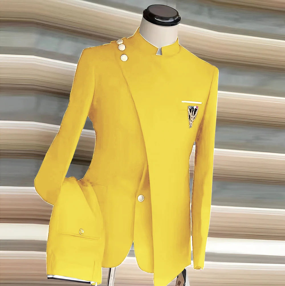 African Style Men's Suit 2 Piece Set Single Breasted Blazer Groom Wedding Tuxedo Gold Button Design Formal Jacket Pants 2 Piece