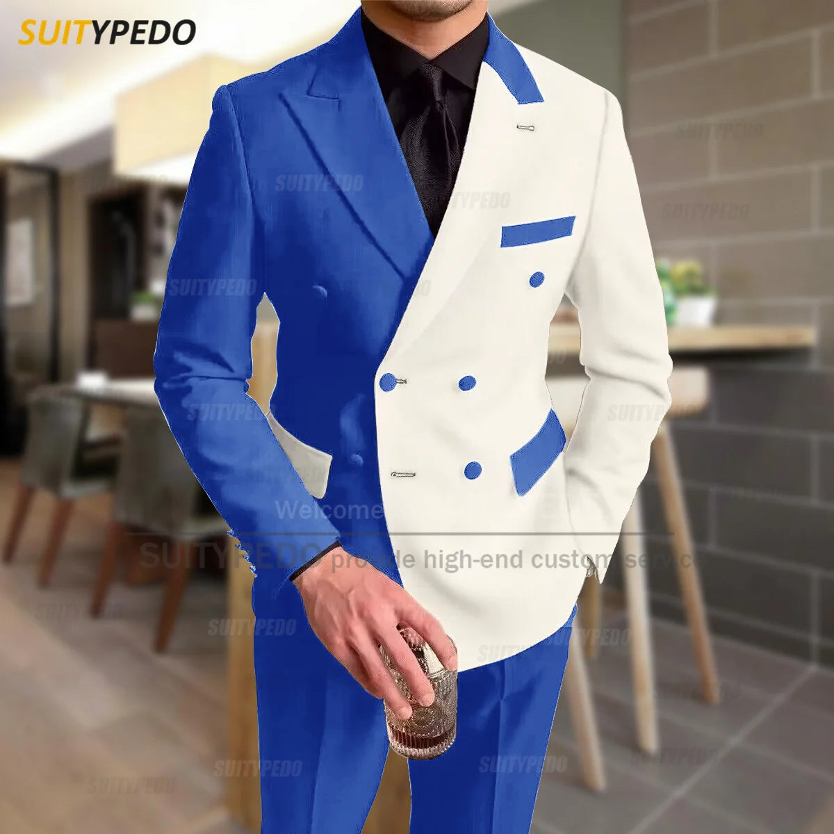 Fashion Black Ivory Splicing Men Suit Casual Party Classic Double Breasted Jacket Evening Dinner Elegant Blazer Pants Outfits