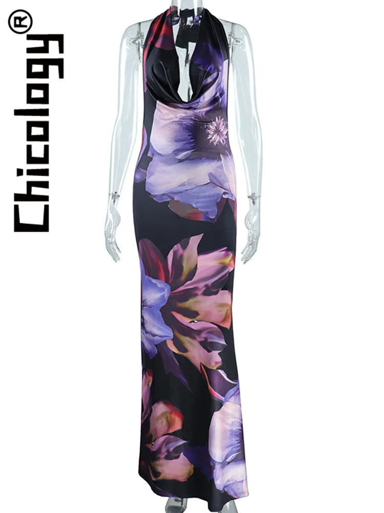 Chicology Sexy Halter Printing Backless Bodycon Maxi Dress Vacation Beach Party Festival Vintage Y2K 2022 Women Outfit Wholesale