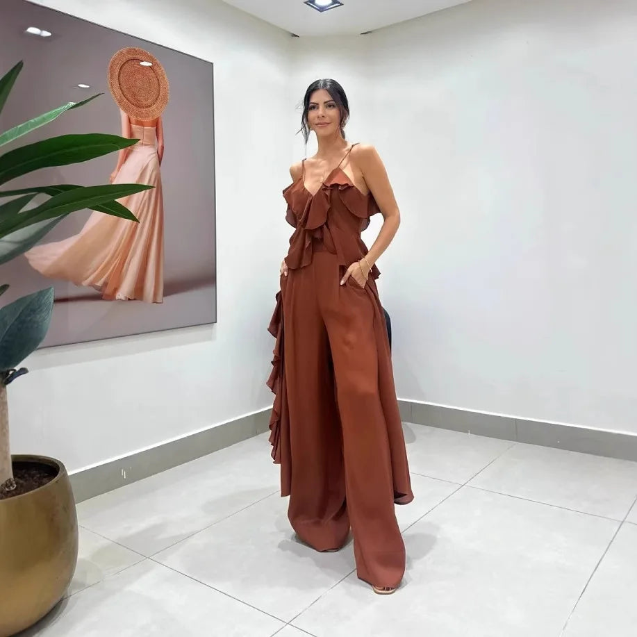 Women's Solid Color Chiffon V-neck Suspender Ruffle Edge Straight Leg Pants Two-piece Set for Summer