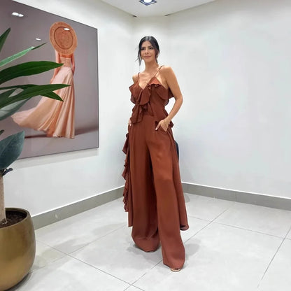 Women's Solid Color Chiffon V-neck Suspender Ruffle Edge Straight Leg Pants Two-piece Set for Summer