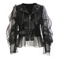 Fashionable and domineering women'sperspective patchwork mesh leather jacket motorcycle rock zipper jacket premium Women's tops