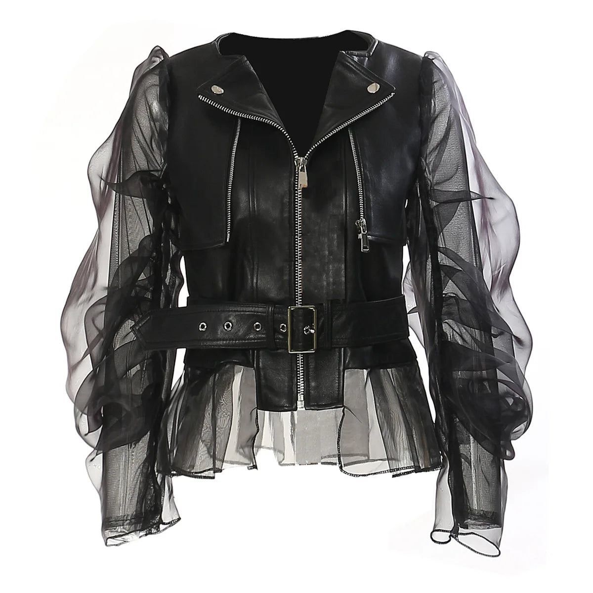 Fashionable and domineering women'sperspective patchwork mesh leather jacket motorcycle rock zipper jacket premium Women's tops