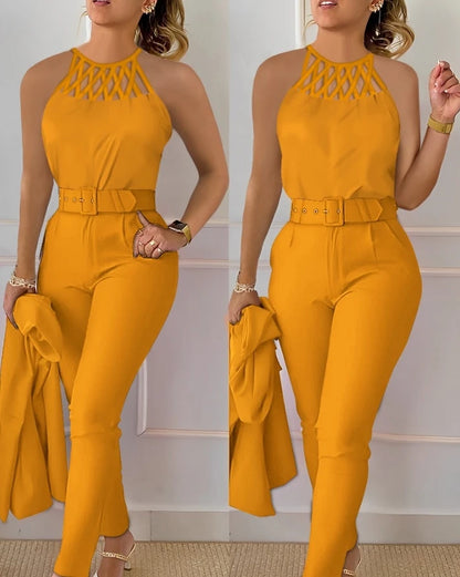 Two Piece Set Women Outfit  Summer Fashion Hollow Out Round Neck Sleeveless Tank Top & Casual Pocket Daily Pants Set