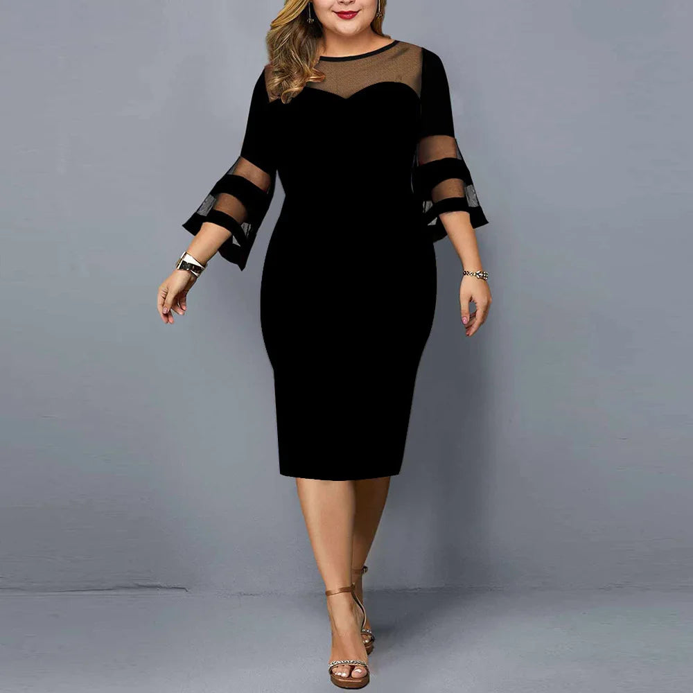 Frühling Sommer Elegante Mode Spitze Patchwork Übergröße Kleider Damen Sexy Mesh Abendparty Vestidos Einfarbig Bodycon Robe Femme