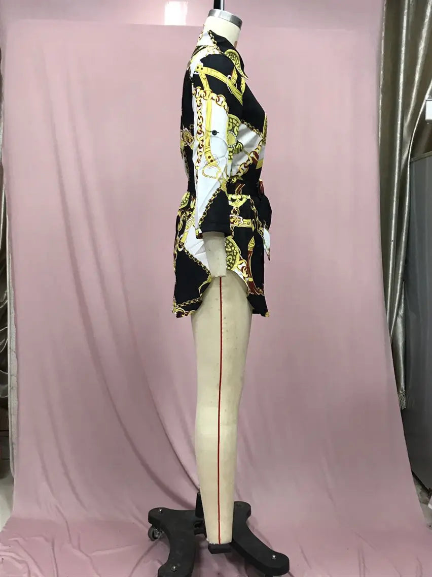 2024 Autumn New Women's Dress Fashionable Sexy Gold Chain Slim Fit Printed Single Breasted Lace Up Waist Cinching Short Skirt