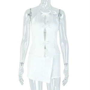 Stylish Lady White Hollow Out 2 Piece Set Women Halter Backless Tops and Irregular Mini Skirts Suits  Summer Elegant Outfits