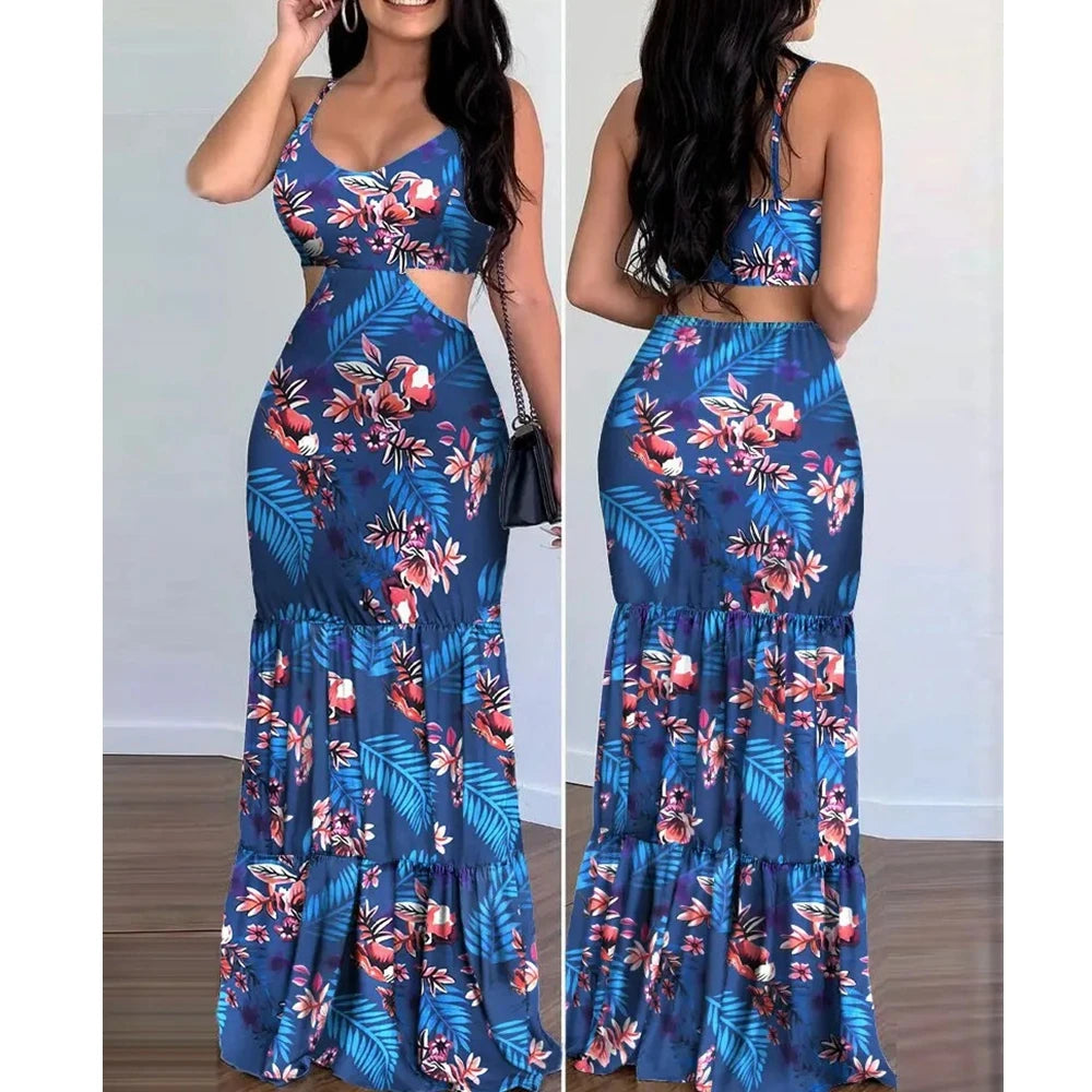 Wepbel Floral Dress Casual Women's V-neck Pencil Sleeveless Bodycon Long Dress Spaghetti Strap Summer Camis Tops Maxi Dress