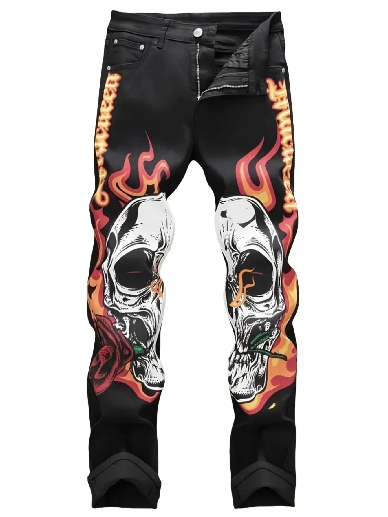 Street casual wear, men's jeans, fashionable printed patterns, classic style trousers with cinched waist design. Black color