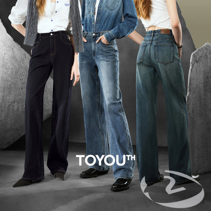 TOYOUTH Women Denim Jeans  Autumn New Lycra Stretch Straight Wide Leg Long pants