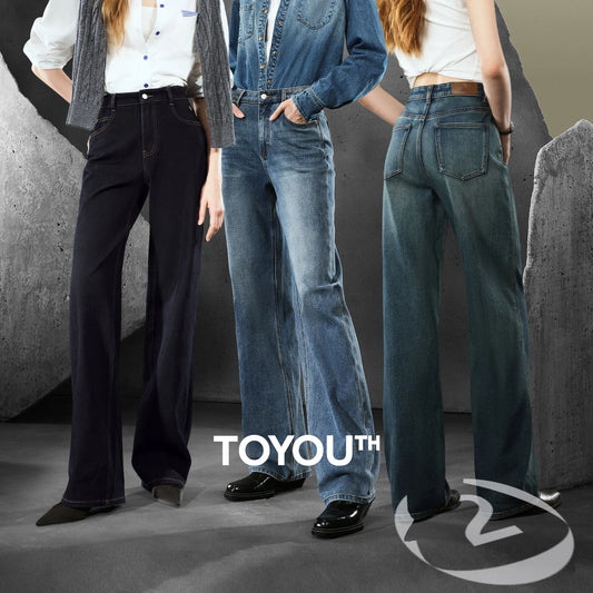 TOYOUTH Women Denim Jeans  Autumn New Lycra Stretch Straight Wide Leg Long pants