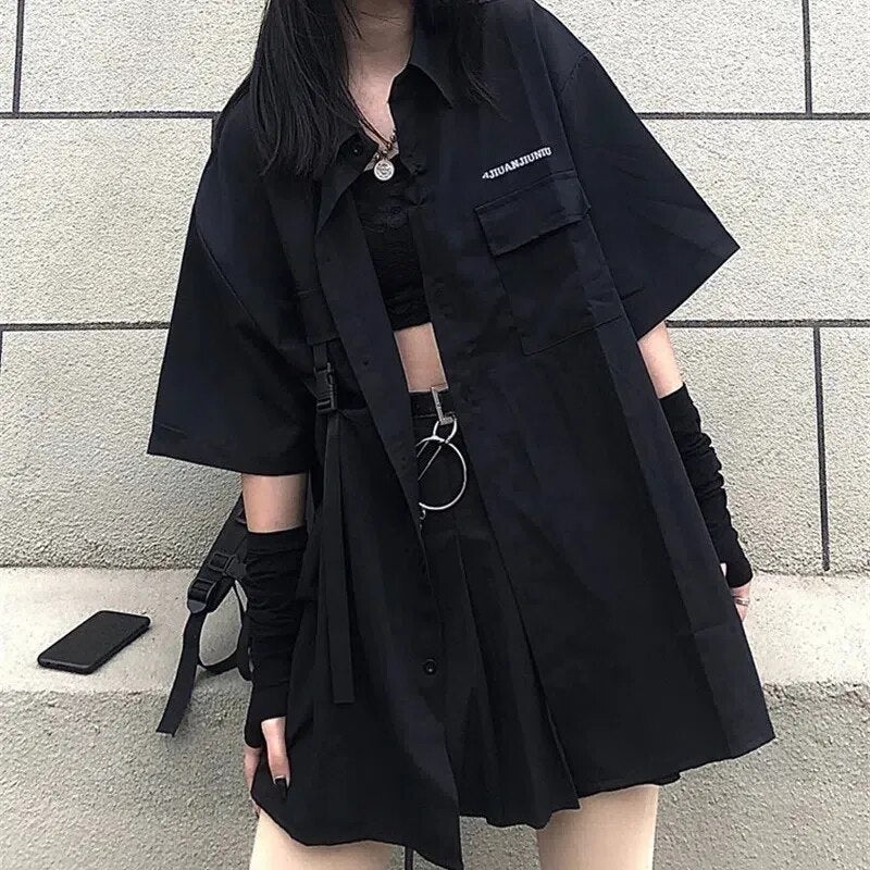 Single / Set Summer Korean Fashion Versatile Dark Series Loose Bf Shirt Top Women Fashion Two Piece Set Skirt Jupe Dropshipping