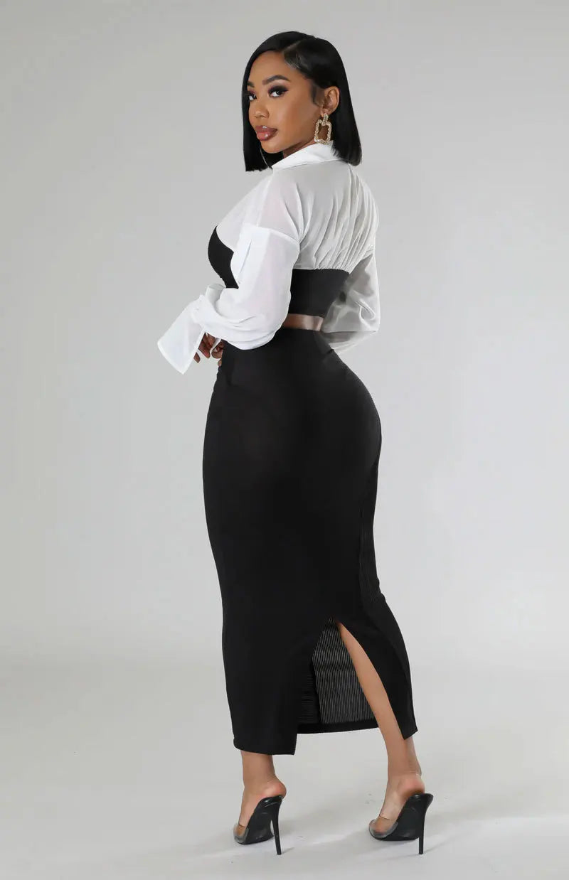 CM.YAYA Womens Two 2 Piece Sets Full Sleeve Shirt and Split Long Skirt Suit  Fall Streetwear Sexy Night Club Party Outfits