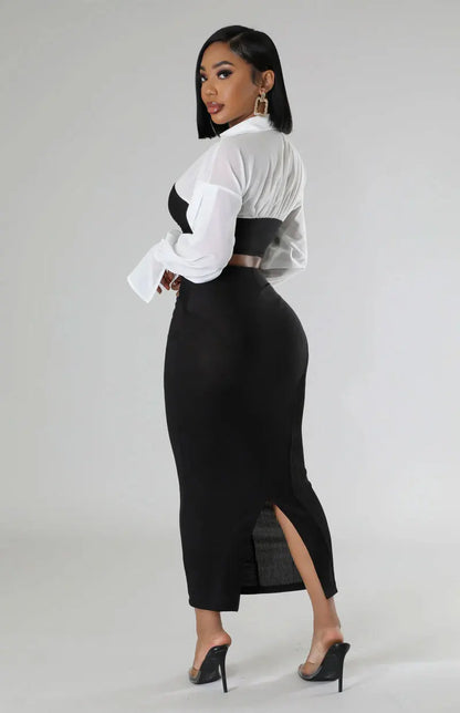 CM.YAYA Womens Two 2 Piece Sets Full Sleeve Shirt and Split Long Skirt Suit  Fall Streetwear Sexy Night Club Party Outfits