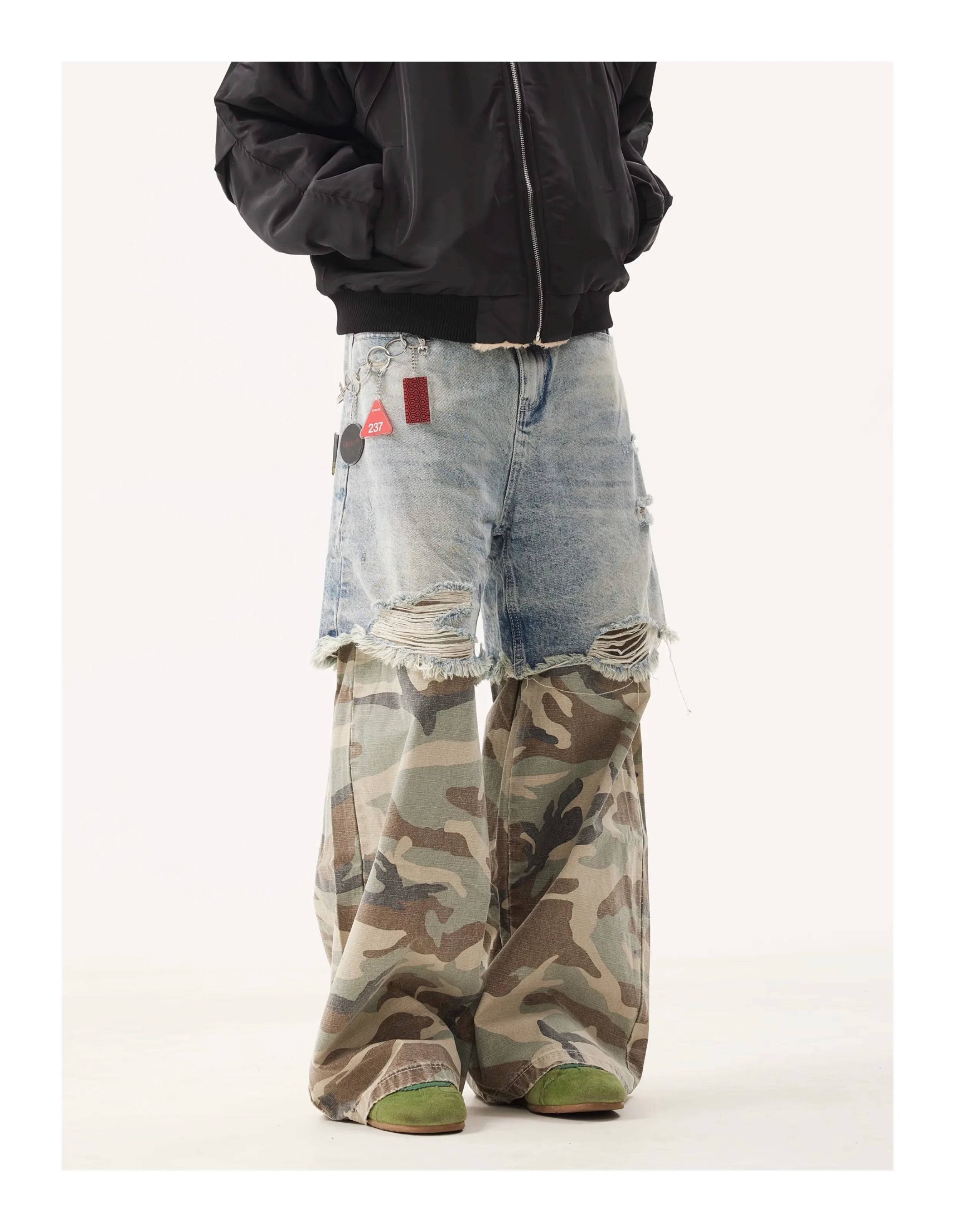 PFNW Niche Design Men's Jeans Washed Distressed Colorblock Splic Fake Two Piece Loose Straight Trousers Wide Leg Pants 28W5474