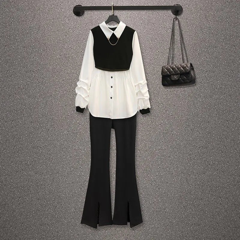 New Summer Pleated Chiffon Shirt Blazer Casual Flared Pants Two-piece Elegant Women's Pants Suit Street Outfits for 2023