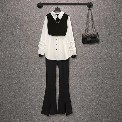 New Summer Pleated Chiffon Shirt Blazer Casual Flared Pants Two-piece Elegant Women's Pants Suit Street Outfits for
