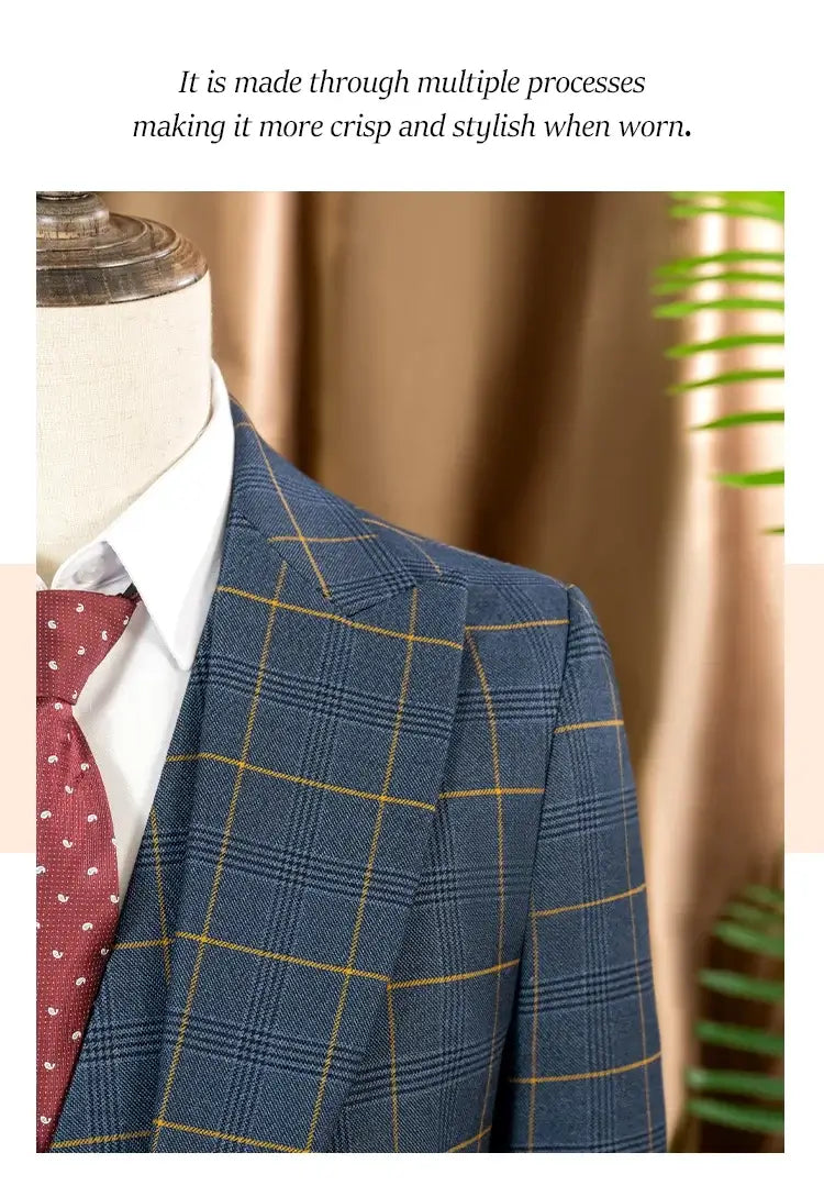 ST Cassy Hochwertiger 3-teiliger karierter Anzug für Herren, stilvolles Business-Büro-Hochzeits-Formelles-Outfit, eleganter Herrenanzug