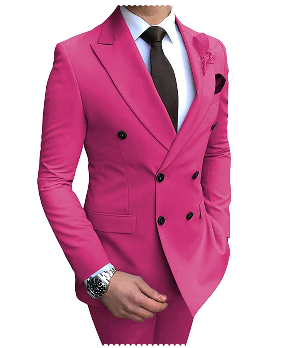 New Beige Men's Suit 2 Pieces Double Breasted Notch Lapel Flat Slim Fit Casual Tuxedos For Wedding(Blazer+Pants)