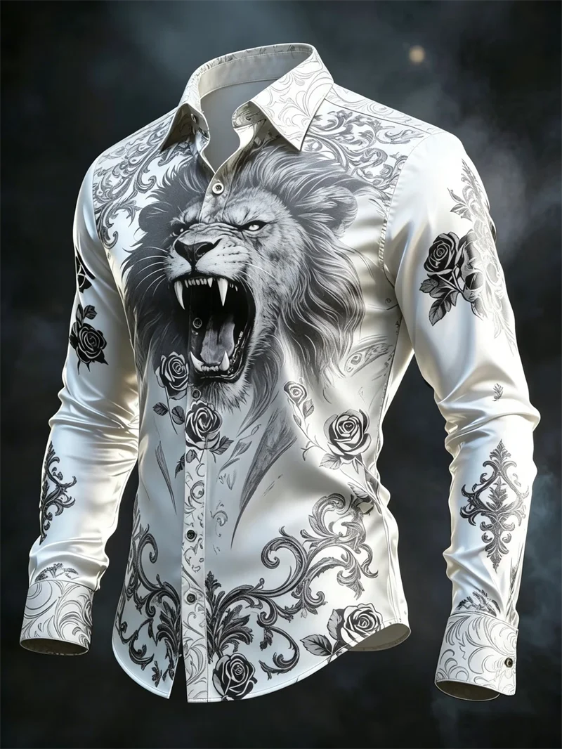 New Purple Bottom Golden Dragon Pattern Printed Men's Long Sleeve Shirt Light Luxury Slimming Business Casual Shirt