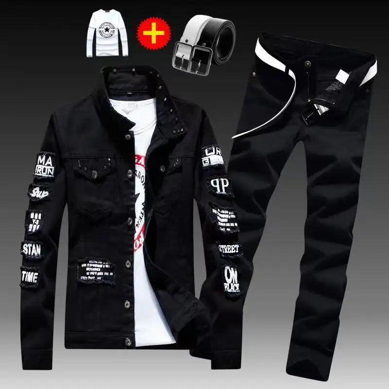 Frühling Herbst Herren Jeansjacke + Jeanshosen Set Mode Einreiher Mantel Hose Zweiteiliger Denim-Anzug