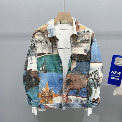 Original Jacket Korean Port Style Printed Lapel Coat Trend Casual Loose Coat Men's New China-Chic