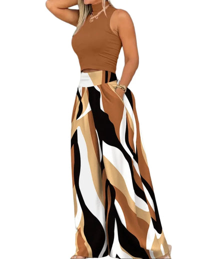 Women Two Piece Pant Sets Sleeveless Turtleneck Tops Pockets Wide Leg Pants High Waist Trousers Suit Elegant Office Ladies