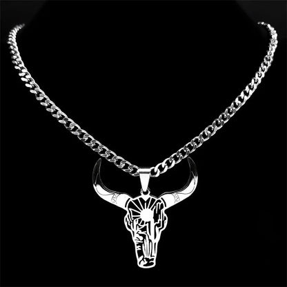Fashion Bull Head Pendant Animal Cowboy Necklace Women Men Stainless Steel Silver Color Mexican Cow Necklaces Jewelry N3214S03