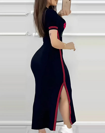 Womens Dresses  Summer Fashion Striped Rose Print Side Slit Casual O-Neck Short Sleeve Skinny Daily A Line Long Dress