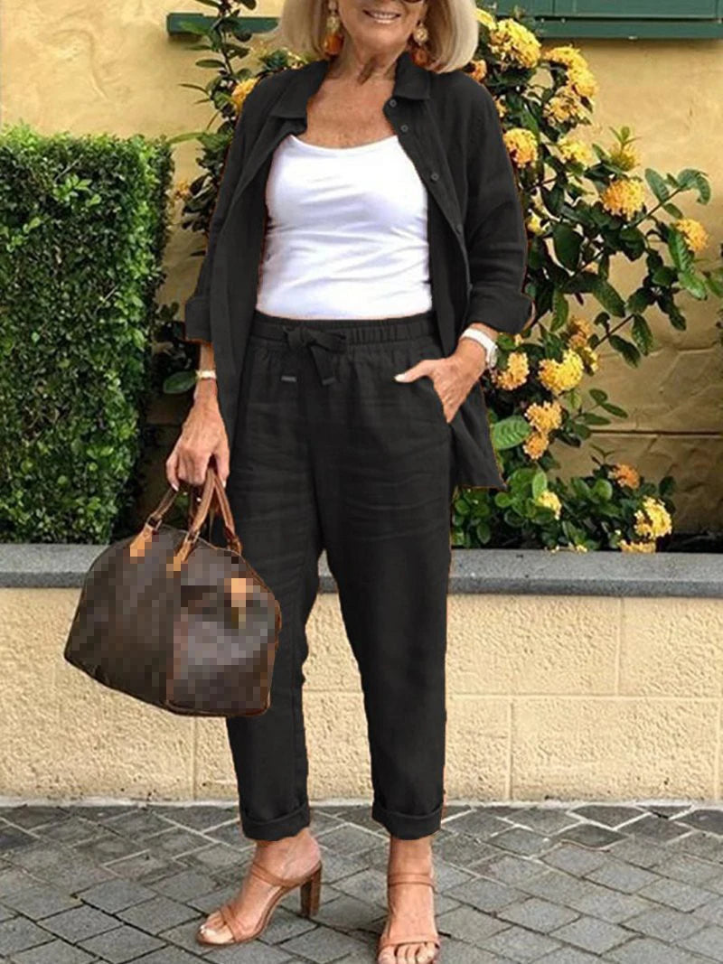 Autumn Spring Casual Suit Women Cotton Linen 2 Piece Set Solid Color Loose Button Shirt + Pants Sets Daily Women's Clothing