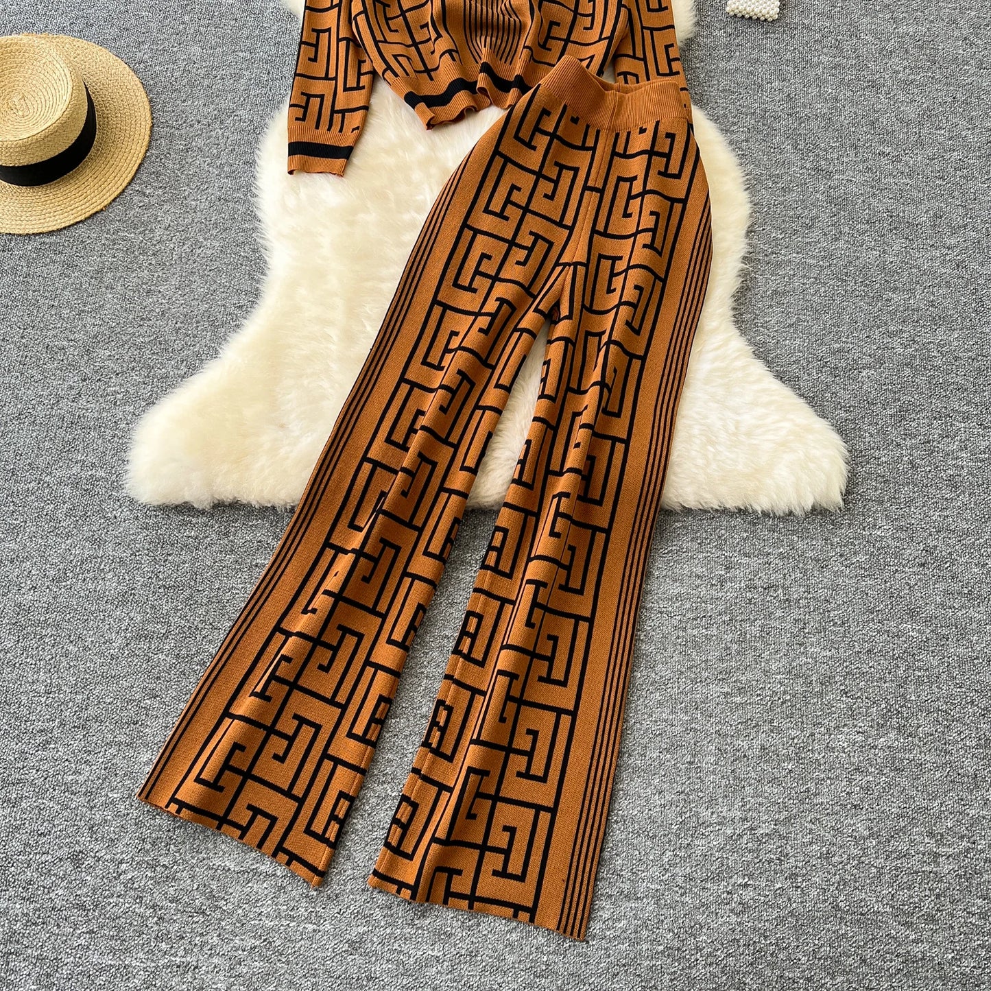 SINGREINY Geometric Maze Print Two Pieces Suits Autumn Winter O Neck Sweater+Long Pants Women Casual Fashion Knitting 2pcs Sets