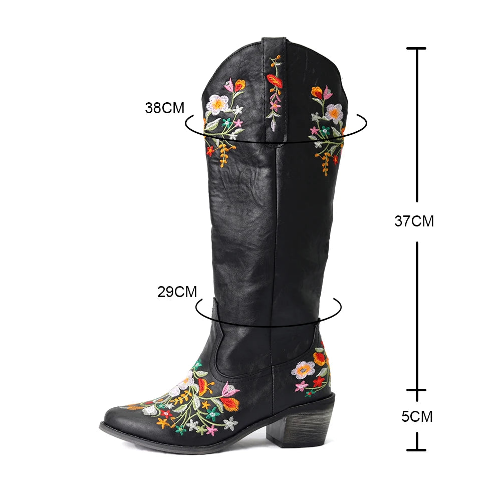 New Vintage Shaped Flowers Embroidery Bootes Women Western Cowgirls Cowboy Boots Casual Work Riding Chunky Heel Boot Ladies